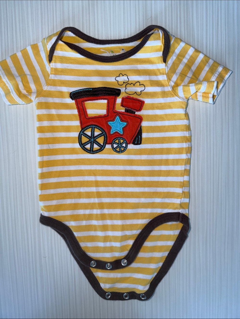 jumping beans Yellow and White Striped Bodysuit with Red Train Applique